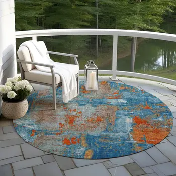 8' Navy Blue Orange And Ivory Round Abstract Washable Indoor Outdoor Area Rug