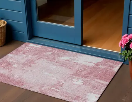 3' X 5' Pink And Ivory Abstract Washable Indoor Outdoor Area Rug