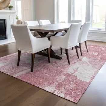 3' X 5' Pink And Ivory Abstract Washable Indoor Outdoor Area Rug