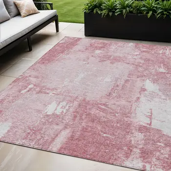 5' X 8' Pink And Ivory Abstract Washable Indoor Outdoor Area Rug