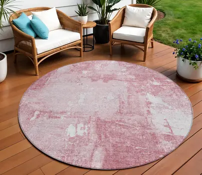 8' Pink And Ivory Round Abstract Washable Indoor Outdoor Area Rug