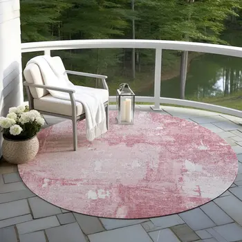 8' Pink And Ivory Round Abstract Washable Indoor Outdoor Area Rug