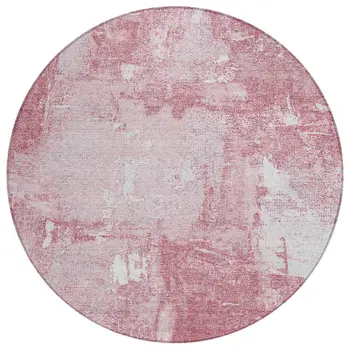 8' Pink And Ivory Round Abstract Washable Indoor Outdoor Area Rug