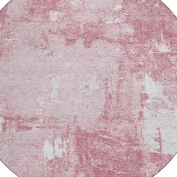 8' Pink And Ivory Round Abstract Washable Indoor Outdoor Area Rug
