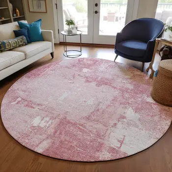 8' Pink And Ivory Round Abstract Washable Indoor Outdoor Area Rug