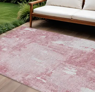 9' X 12' Pink And Ivory Abstract Washable Indoor Outdoor Area Rug