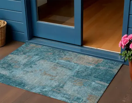 3' X 5' Teal Blue And Gray Abstract Washable Indoor Outdoor Area Rug