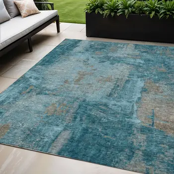 5' X 8' Teal Blue And Gray Abstract Washable Indoor Outdoor Area Rug