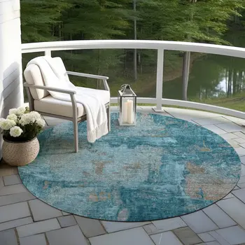 8' Teal Blue And Gray Round Abstract Washable Indoor Outdoor Area Rug