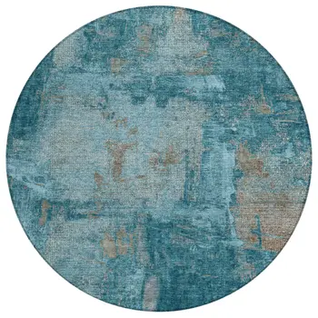 8' Teal Blue And Gray Round Abstract Washable Indoor Outdoor Area Rug
