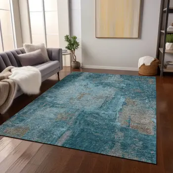 8' X 10' Teal Blue And Gray Abstract Washable Indoor Outdoor Area Rug