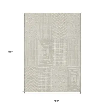 10' X 14' Beige And Ivory Geometric Washable Indoor Outdoor Area Rug