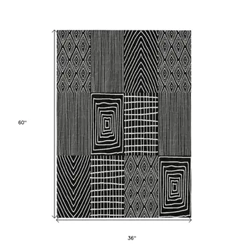 3' X 5' Black And Ivory Geometric Washable Indoor Outdoor Area Rug