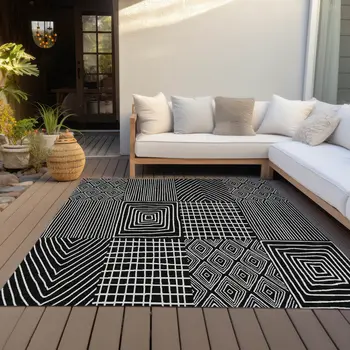 3' X 5' Black And Ivory Geometric Washable Indoor Outdoor Area Rug