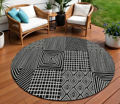 8' Black And Ivory Round Geometric Washable Indoor Outdoor Area Rug