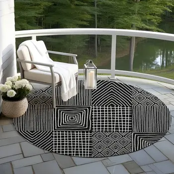 8' Black And Ivory Round Geometric Washable Indoor Outdoor Area Rug