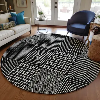 8' Black And Ivory Round Geometric Washable Indoor Outdoor Area Rug