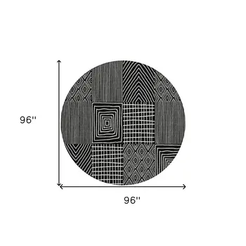 8' Black And Ivory Round Geometric Washable Indoor Outdoor Area Rug