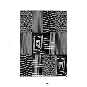 9' X 12' Black And Ivory Geometric Washable Indoor Outdoor Area Rug