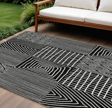 9' X 12' Black And Ivory Geometric Washable Indoor Outdoor Area Rug