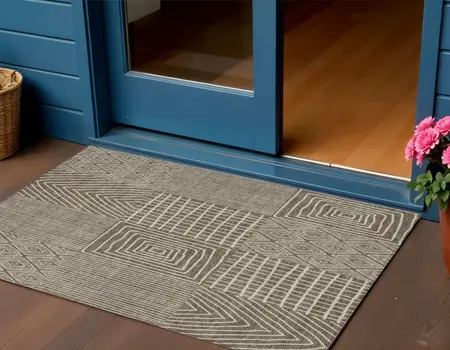 3' X 5' Brown And Beige Geometric Washable Indoor Outdoor Area Rug