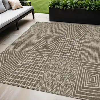 5' X 8' Brown And Beige Geometric Washable Indoor Outdoor Area Rug