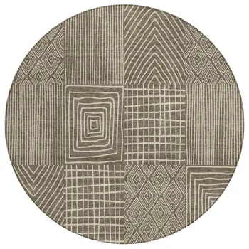 8' Brown And Beige Round Geometric Washable Indoor Outdoor Area Rug