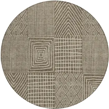 8' Brown And Beige Round Geometric Washable Indoor Outdoor Area Rug