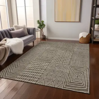 9' X 12' Brown And Beige Geometric Washable Indoor Outdoor Area Rug
