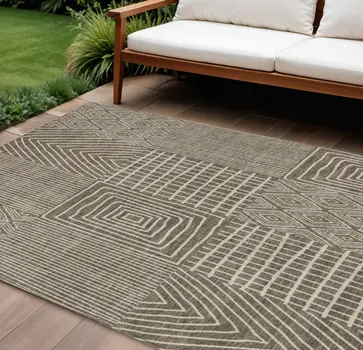 10' X 14' Brown And Beige Geometric Washable Indoor Outdoor Area Rug