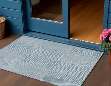 3' X 5' Denim Blue And Ivory Geometric Washable Indoor Outdoor Area Rug