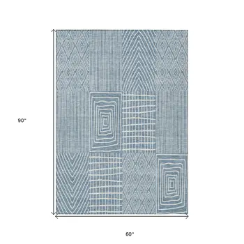 5' X 8' Denim Blue And Ivory Geometric Washable Indoor Outdoor Area Rug
