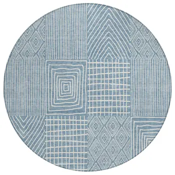 8' Denim Blue And Ivory Round Geometric Washable Indoor Outdoor Area Rug
