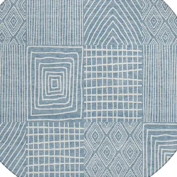 8' Denim Blue And Ivory Round Geometric Washable Indoor Outdoor Area Rug