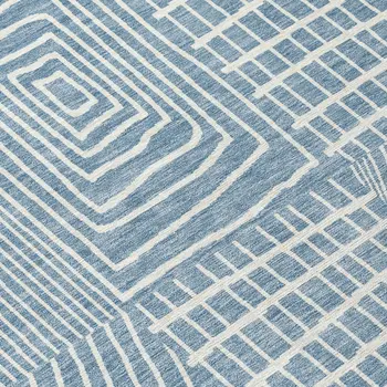 8' Denim Blue And Ivory Round Geometric Washable Indoor Outdoor Area Rug