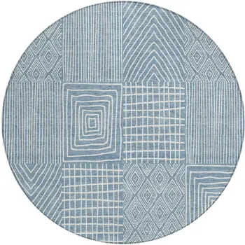 8' Denim Blue And Ivory Round Geometric Washable Indoor Outdoor Area Rug