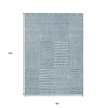 8' X 10' Denim Blue And Ivory Geometric Washable Indoor Outdoor Area Rug