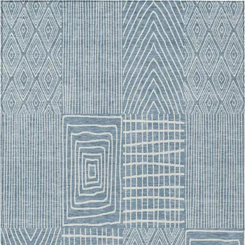 9' X 12' Denim Blue And Ivory Geometric Washable Indoor Outdoor Area Rug