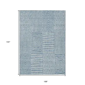 9' X 12' Denim Blue And Ivory Geometric Washable Indoor Outdoor Area Rug