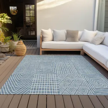9' X 12' Denim Blue And Ivory Geometric Washable Indoor Outdoor Area Rug