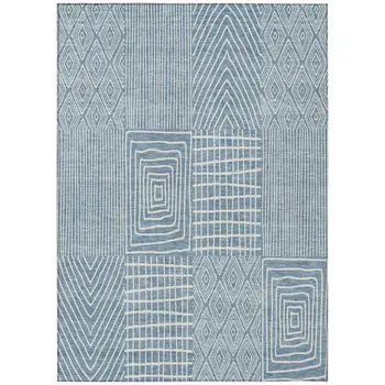 9' X 12' Denim Blue And Ivory Geometric Washable Indoor Outdoor Area Rug