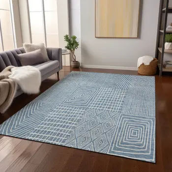 9' X 12' Denim Blue And Ivory Geometric Washable Indoor Outdoor Area Rug