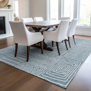 9' X 12' Denim Blue And Ivory Geometric Washable Indoor Outdoor Area Rug