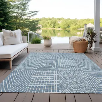 9' X 12' Denim Blue And Ivory Geometric Washable Indoor Outdoor Area Rug