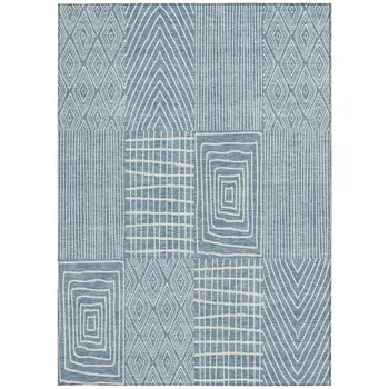 10' X 14' Denim Blue And Ivory Geometric Washable Indoor Outdoor Area Rug
