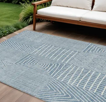 10' X 14' Denim Blue And Ivory Geometric Washable Indoor Outdoor Area Rug