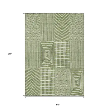 5' X 8' Green And Ivory Geometric Washable Indoor Outdoor Area Rug
