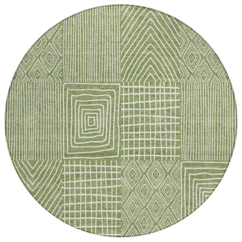8' Green And Ivory Round Geometric Washable Indoor Outdoor Area Rug