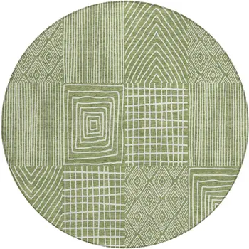 8' Green And Ivory Round Geometric Washable Indoor Outdoor Area Rug