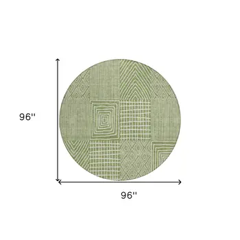 8' Green And Ivory Round Geometric Washable Indoor Outdoor Area Rug